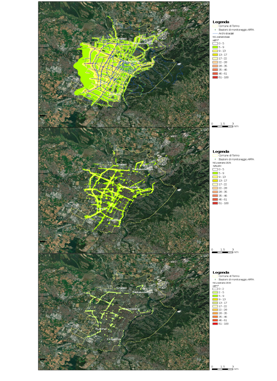Mappe di distribuzione della concentrazione media oraria di NO2 a Torino 